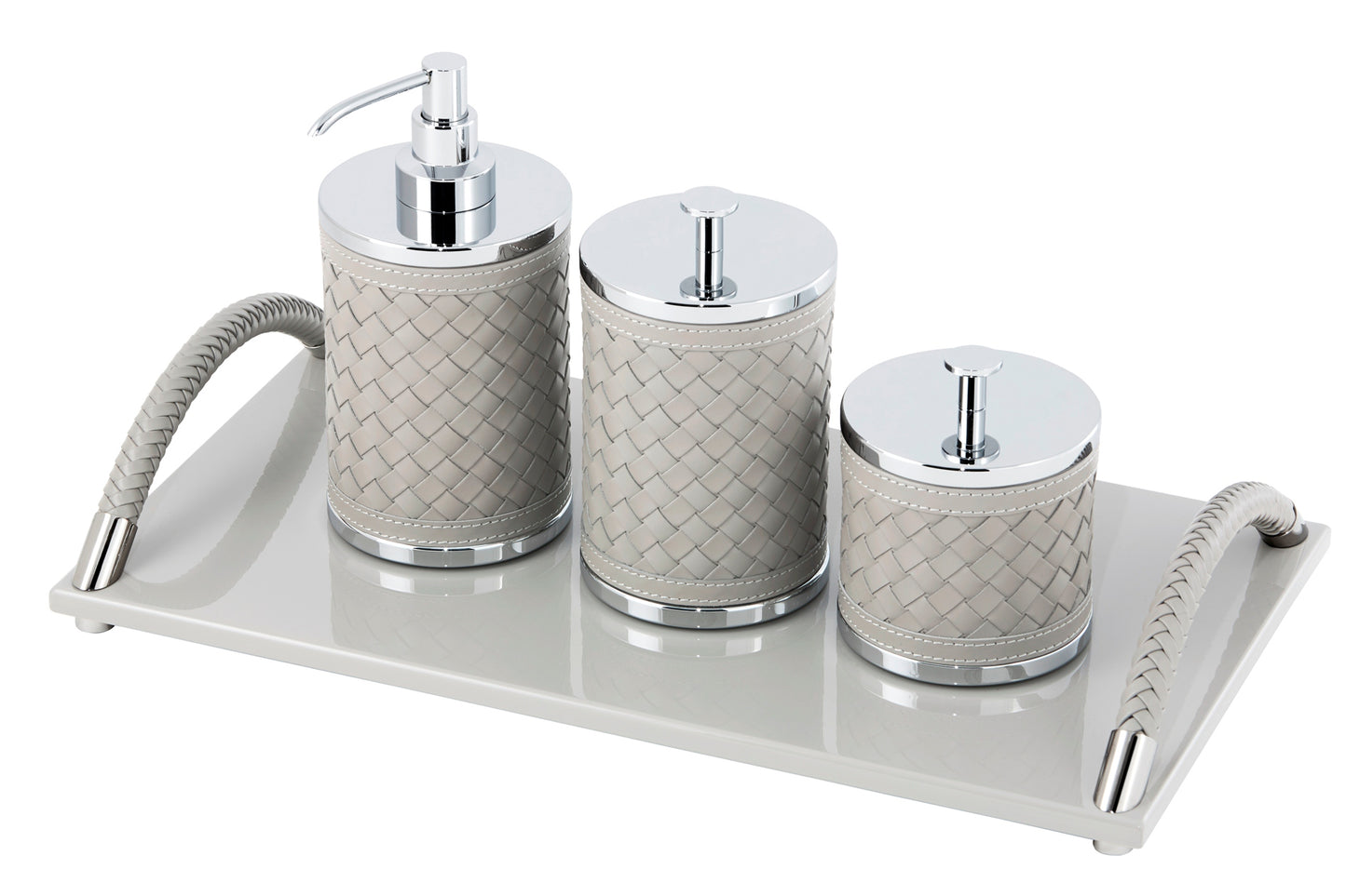 Riviere Dalia Lacquer Rectangular Tray | Lacquered Tray | Handwoven Leather Curved Handles | Chrome or Gold Details | Elegant Home Decor Addition | Find Luxury Home Accessories at 2Jour Concierge, #1 luxury high-end gift & lifestyle shop