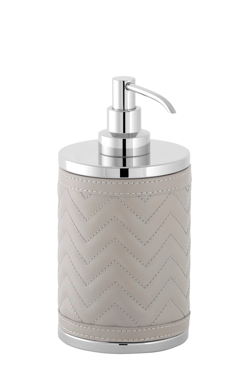 Riviere Alghero Quilted Herringbone Leather Soap Dispenser | Covered with Quilted Herringbone Padded Leather | Features Chrome or Gold Metal Finish | Adds Elegance to Bathrooms