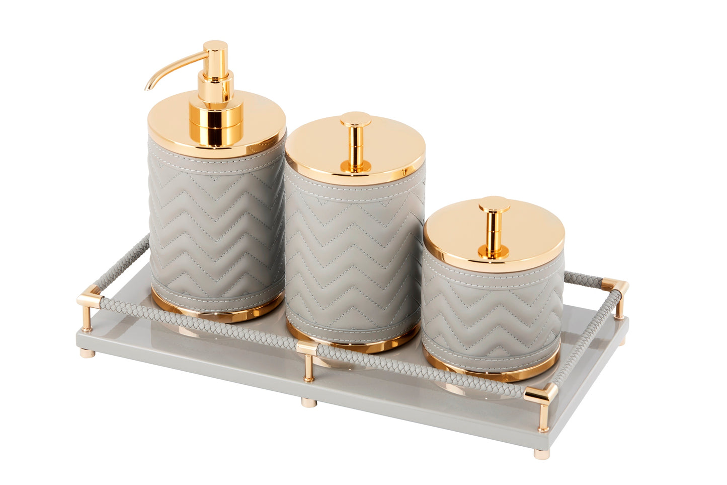 Riviere Alghero Quilted Herringbone Leather Soap Dispenser | Covered with Quilted Herringbone Padded Leather | Features Chrome or Gold Metal Finish | Adds Elegance to Bathrooms