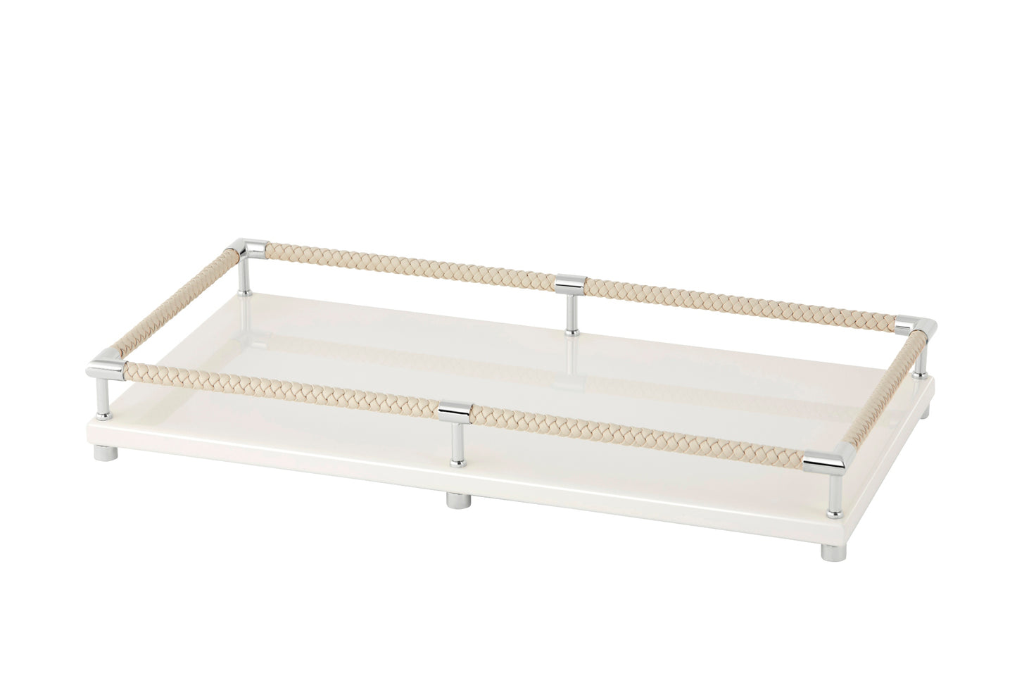 Riviere Thea Lacquered Wood Tray with Braided Leather Railing | Rectangular Vanity Tray | Lacquered Wood Base | Braided Leather Railing | Chrome or Gold Details | Perfect for Vanity Organization | Explore Luxury Home Accessories at 2Jour Concierge, #1 luxury high-end gift & lifestyle shop