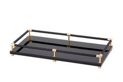 Thea Lacquered Wood Tray with Braided Leather Railing Rectangular Gold