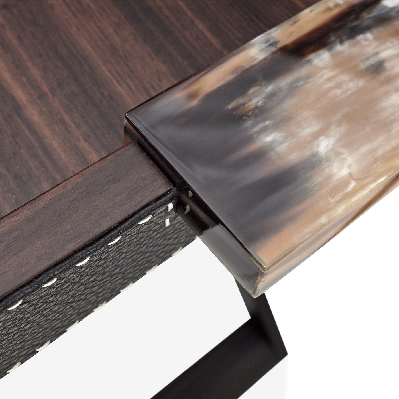 Arcahorn Lipari Butlers Serving Table | Matte Amara Ebony Veneer Tray | Aida Pebbled Leather in Onyx with Handmade Ivory Stitching | Glossy Horn Handles | Stainless Steel Detailing | Perfect for Yacht or Office Decor | Discover Luxury Home Accessories at 2Jour Concierge, #1 luxury high-end gift & lifestyle shop