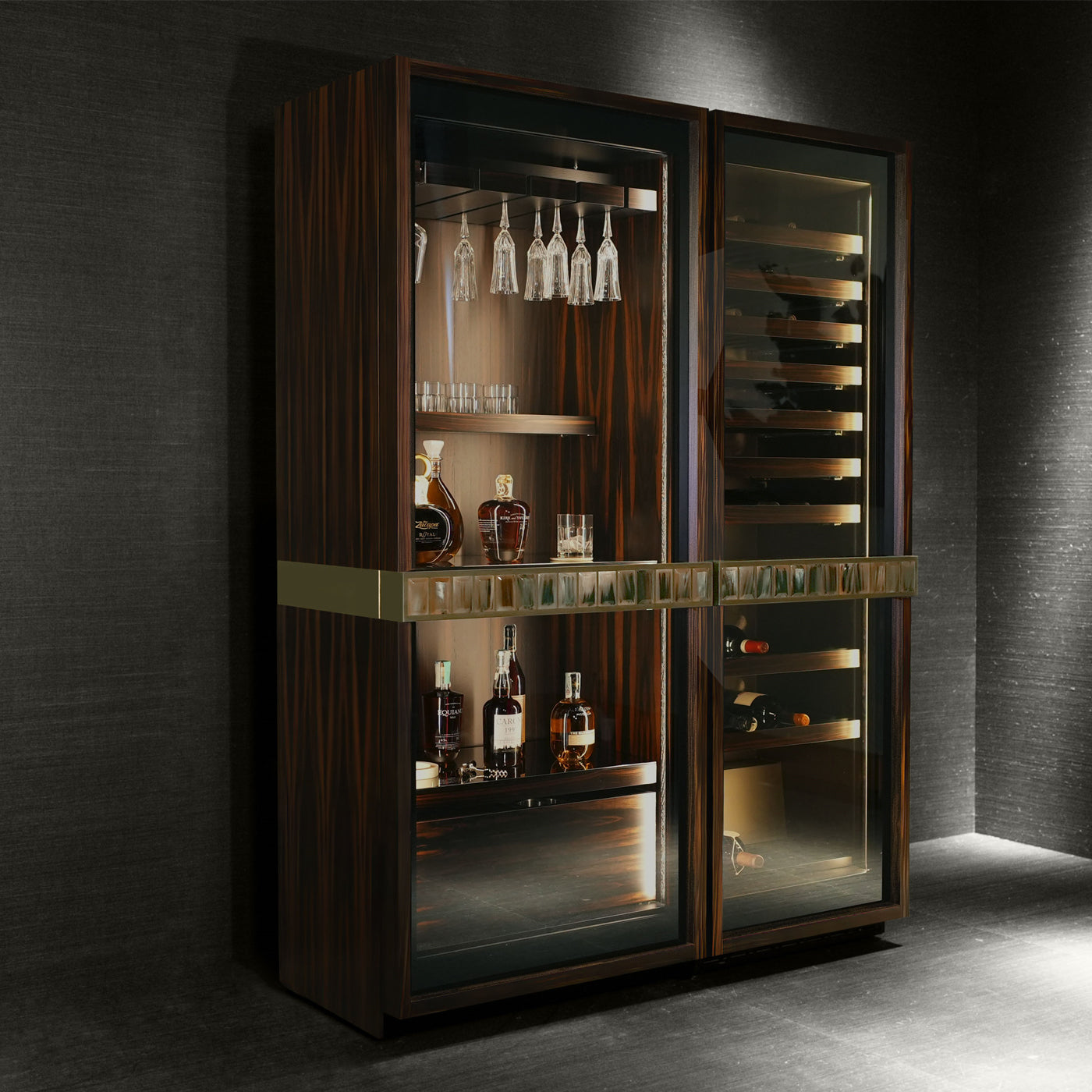 Arcahorn Manhattan Wine Cellar Cabinet | Matte Makassar Ebony Veneer | Burnished Brass Handles with Multifaceted Horn Gems | Backlit Interior in Ebony and Oak Veneer | Sliding Trays for Wine, Champagne, and Magnum Bottles | Multi-temperature Refrigeration System | Explore Luxury Home Accessories at 2Jour Concierge, #1 luxury high-end gift & lifestyle shop