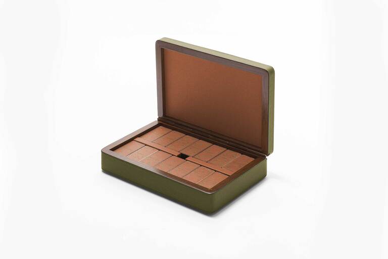 x Poltrona Frau Walnut Wood Domino Set in Leather-Covered Box