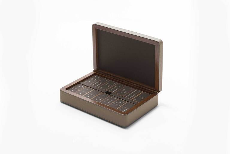x Poltrona Frau Walnut Wood Domino Set in Leather-Covered Box