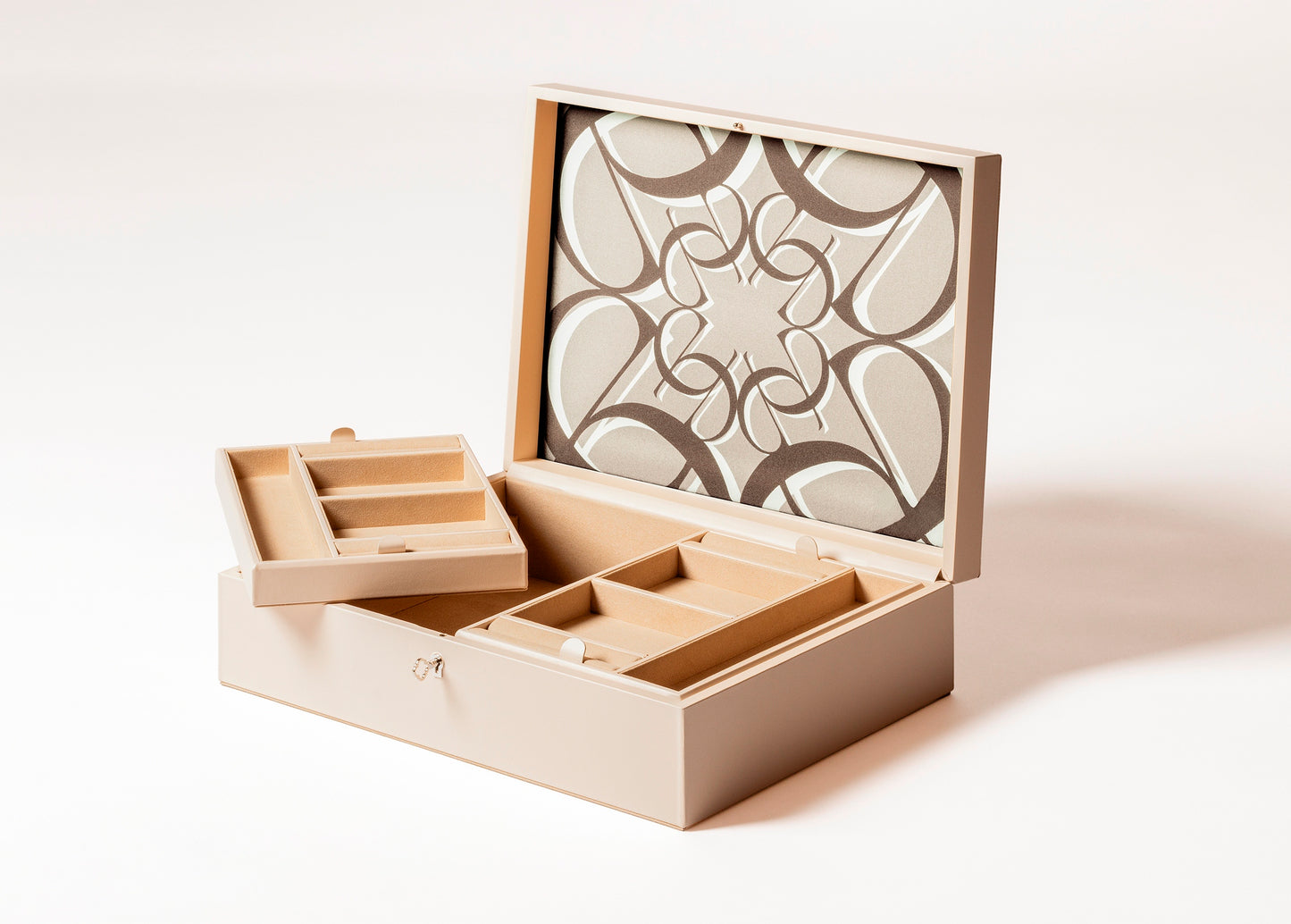 Giobagnara x Elie Saab Monogram Jewellery Box | Leather jewellery box with six spaces and suede lining | Hinged leather lid featuring the Elie Saab Monogram pattern | Accessories | 2Jour Concierge, your luxury lifestyle shop