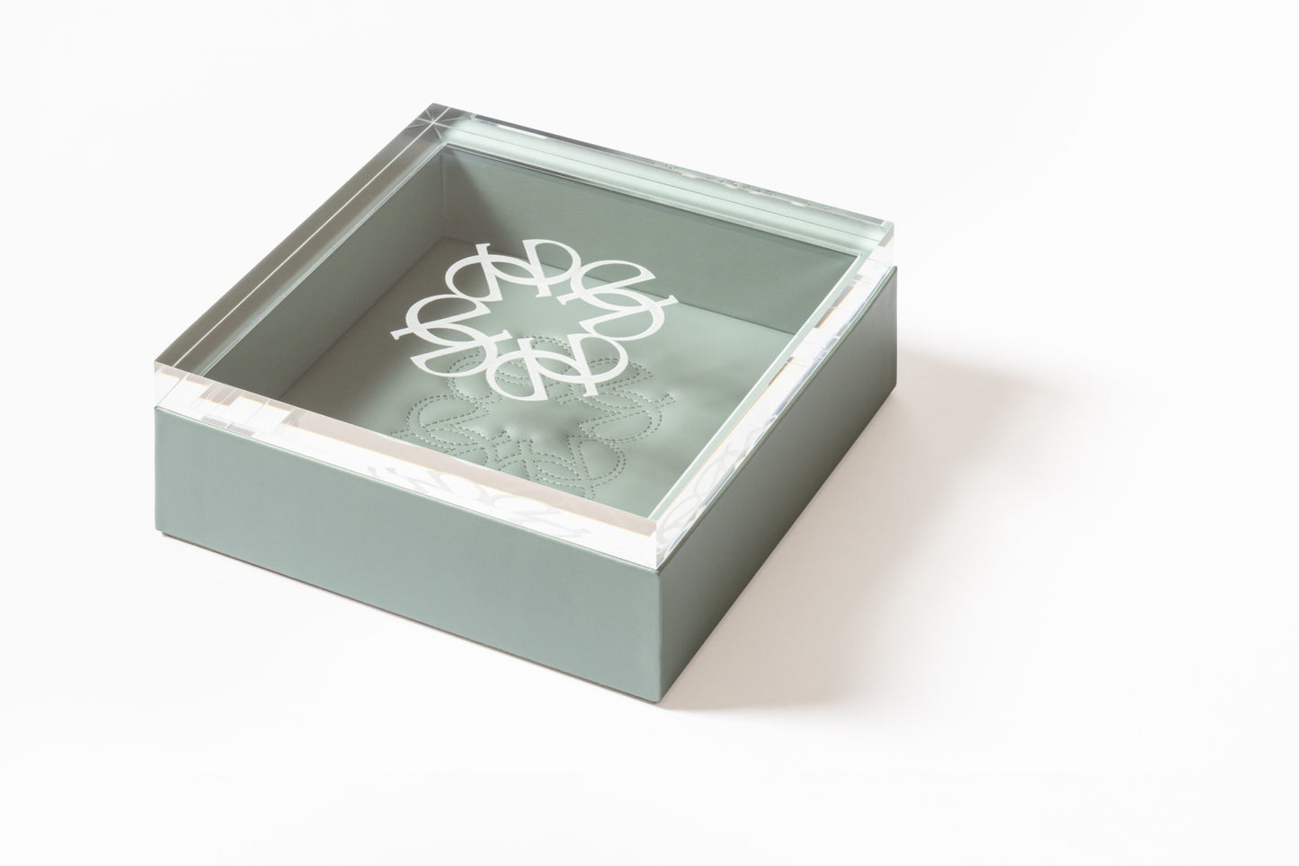 x Elie Saab Ecusson Leather Monogram Trinket Box Square w Carved Acrylic Lid