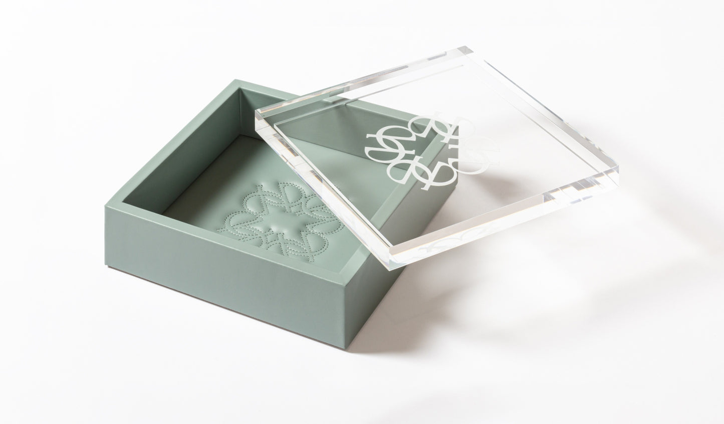 Giobagnara x Elie Saab Ecusson Box Square | Leather box with padded Elie Saab Monogram lining | Carved acrylic lid | Stylish and elegant storage solution | Home Decor and Accessories | 2Jour Concierge, your luxury lifestyle shop