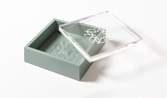 Giobagnara x Elie Saab Ecusson Box Square | Leather box with padded Elie Saab Monogram lining | Carved acrylic lid | Stylish and elegant storage solution | Home Decor and Accessories | 2Jour Concierge, your luxury lifestyle shop