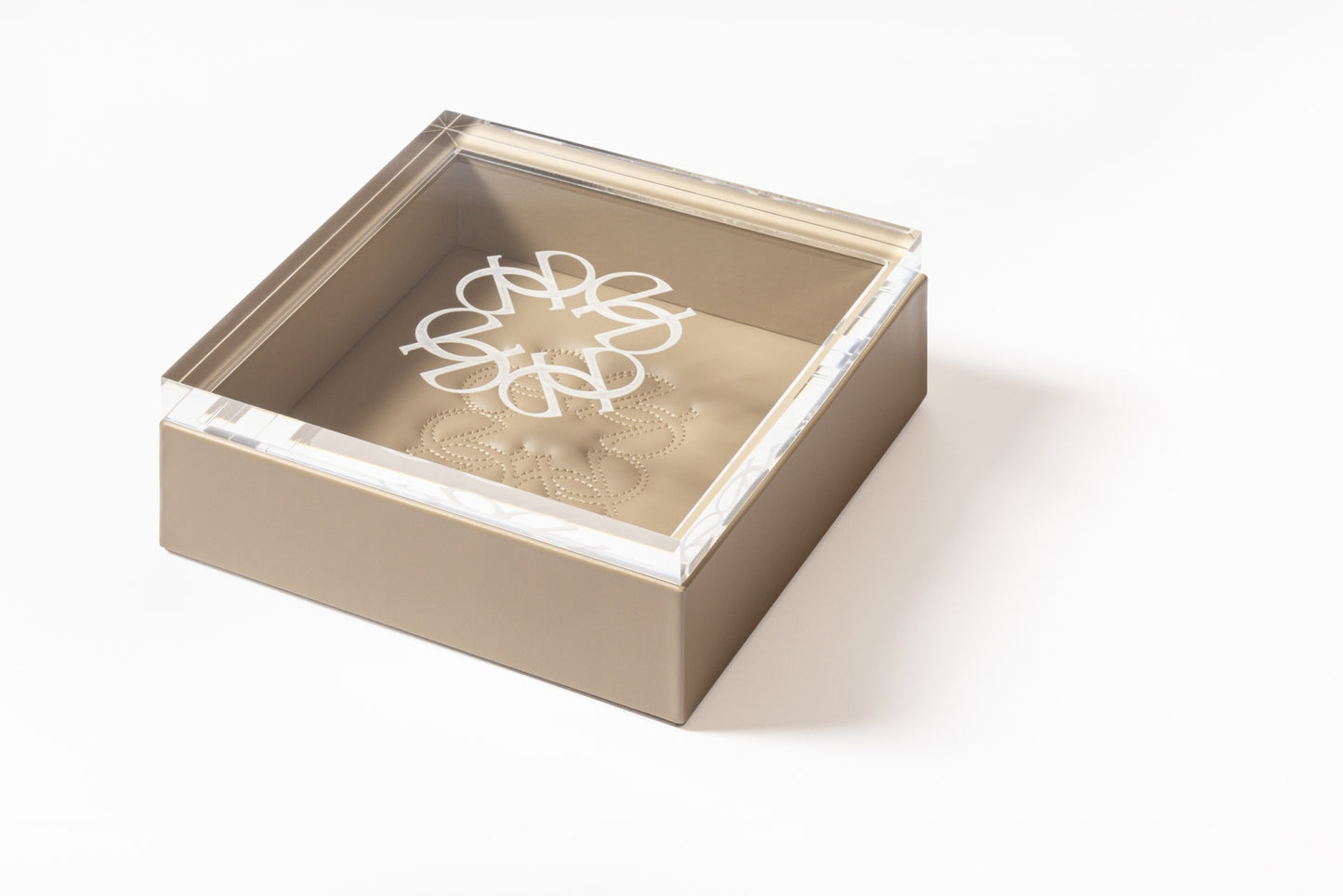 x Elie Saab Ecusson Leather Monogram Trinket Box Square w Carved Acrylic Lid