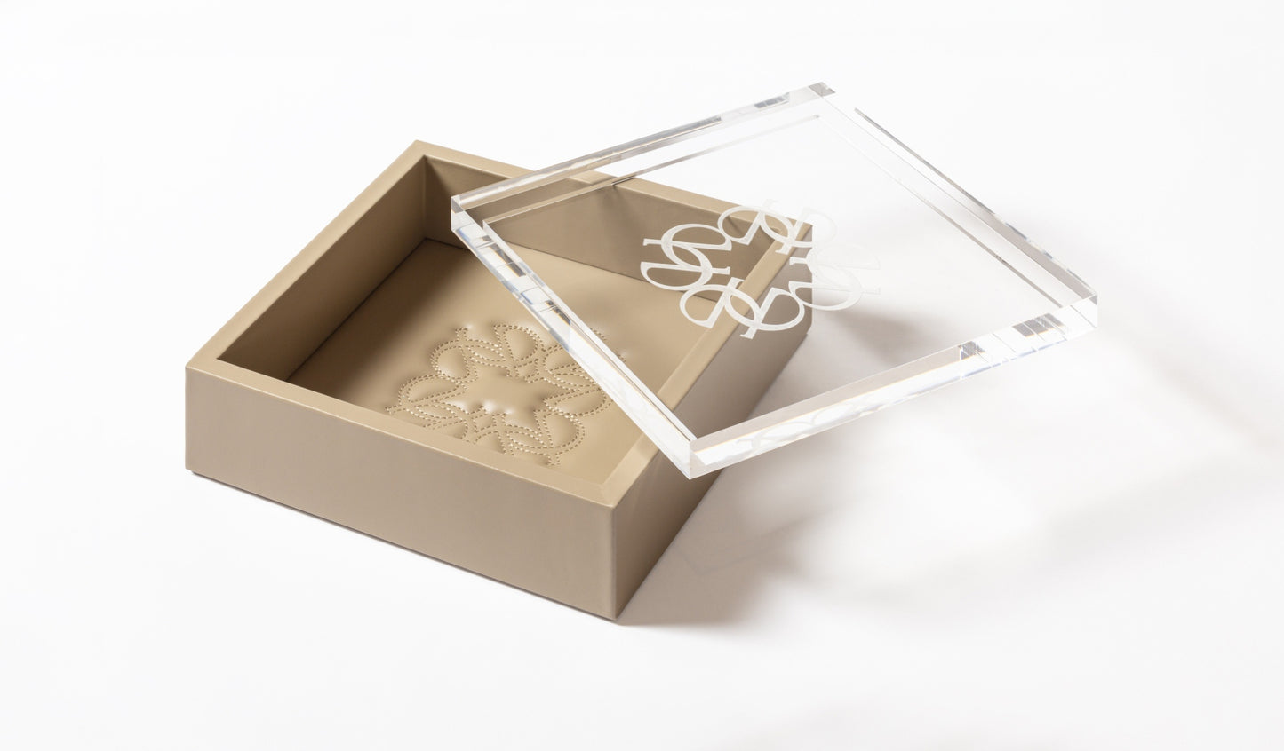 x Elie Saab Ecusson Leather Monogram Trinket Box Square w Carved Acrylic Lid