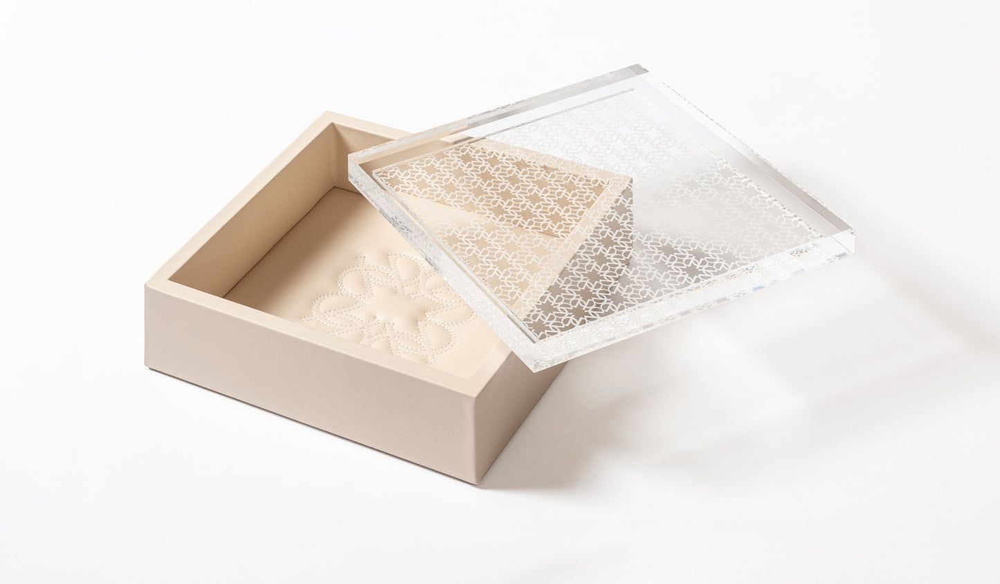 x Elie Saab Monogram Leather Trinket Box Square w Carved Acrylic Lid