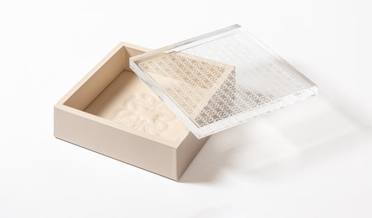 x Elie Saab Monogram Leather Trinket Box Square w Carved Acrylic Lid