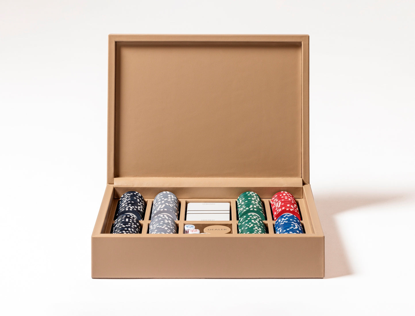Giobagnara x Elie Saab Monogram Poker Game Set | Leather box with a hinged leather lid featuring the Elie Saab Monogram pattern | Includes a deck of high-quality playing cards and ceramic poker chips with five denominations | Games and Entertainment | 2Jour Concierge, your luxury lifestyle shop