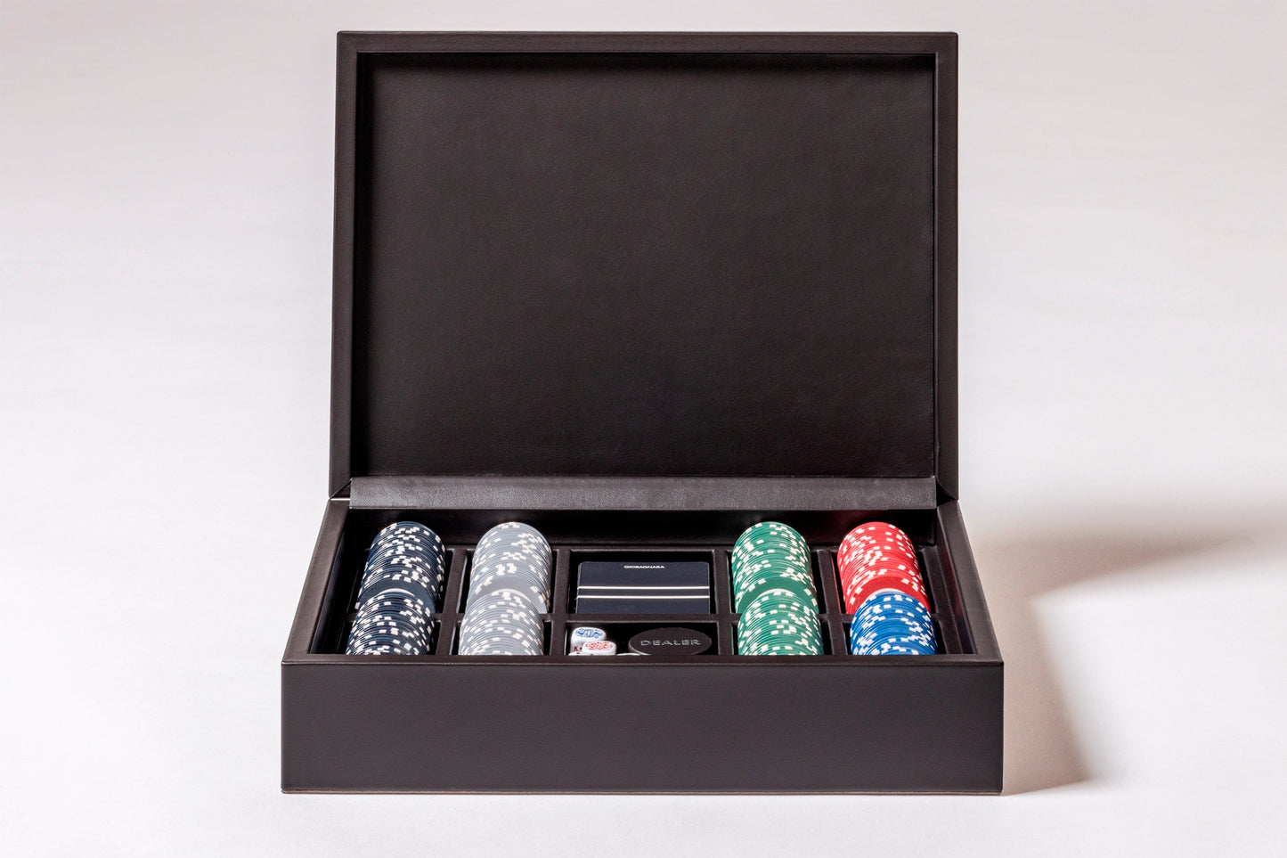 Giobagnara x Elie Saab Monogram Poker Game Set | Leather box with a hinged leather lid featuring the Elie Saab Monogram pattern | Includes a deck of high-quality playing cards and ceramic poker chips with five denominations | Games and Entertainment | 2Jour Concierge, your luxury lifestyle shop