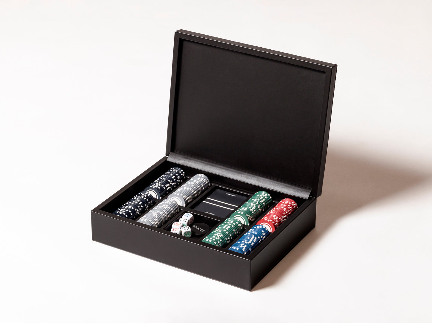 Giobagnara x Elie Saab Monogram Poker Game Set | Leather box with a hinged leather lid featuring the Elie Saab Monogram pattern | Includes a deck of high-quality playing cards and ceramic poker chips with five denominations | Games and Entertainment | 2Jour Concierge, your luxury lifestyle shop