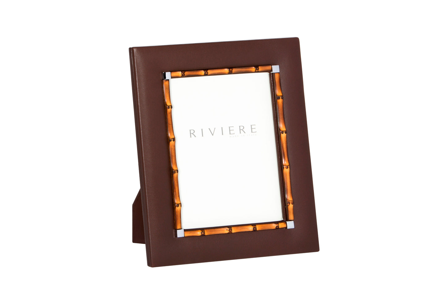 Riviere Bice Leather Picture Frame With Bamboo Trim & Chrome Metal Details | Sleek Leather Frame Accented with Bamboo Trim | Chrome Metal Details for Modern Elegance | Elevate Your Home Decor with Luxury Accessories from Riviere | Available at 2Jour Concierge, #1 luxury high-end gift & lifestyle shop