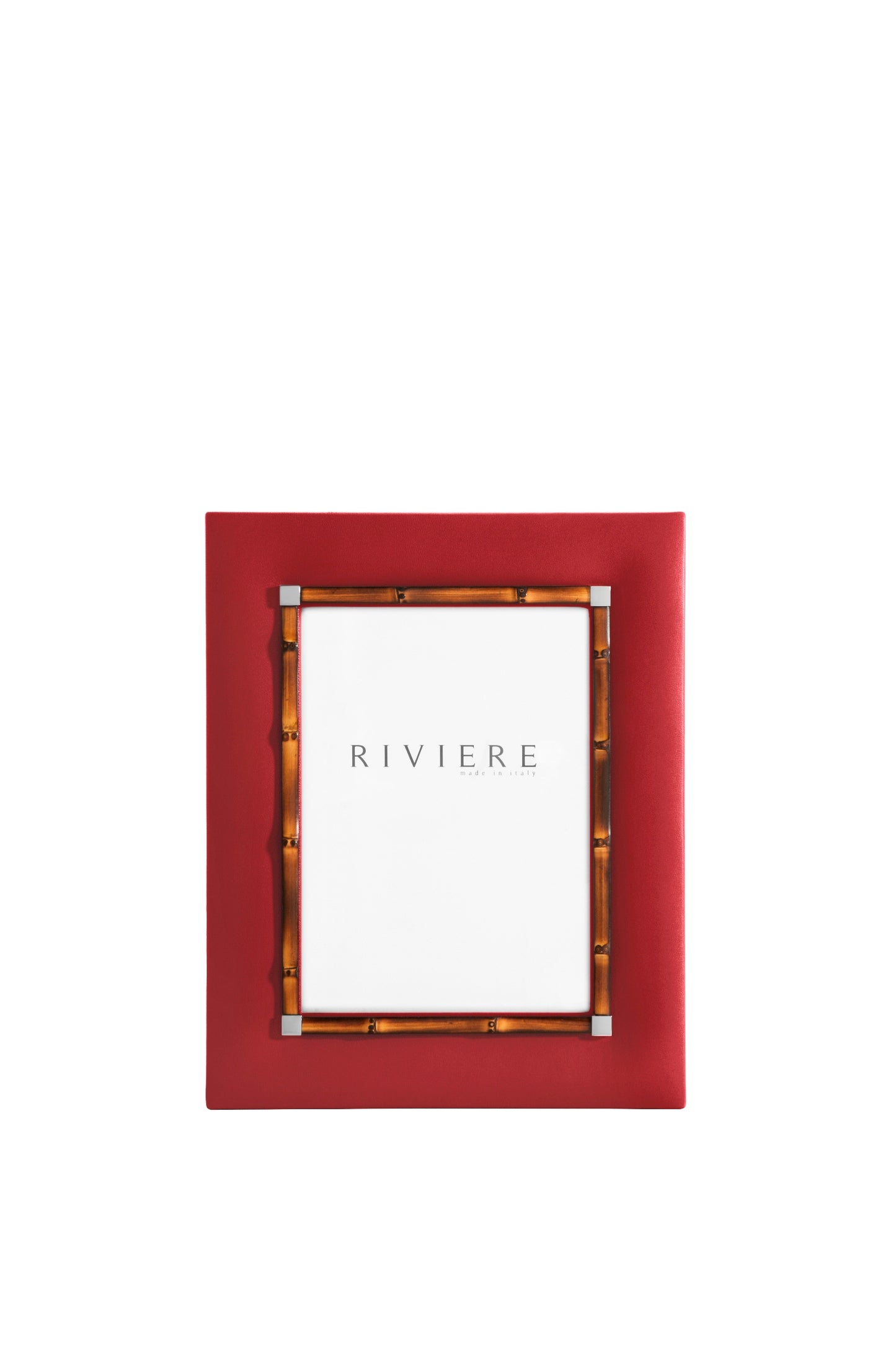 Riviere Bice Leather Picture Frame With Bamboo Trim & Chrome Metal Details | Sleek Leather Frame Accented with Bamboo Trim | Chrome Metal Details for Modern Elegance | Elevate Your Home Decor with Luxury Accessories from Riviere | Available at 2Jour Concierge, #1 luxury high-end gift & lifestyle shop