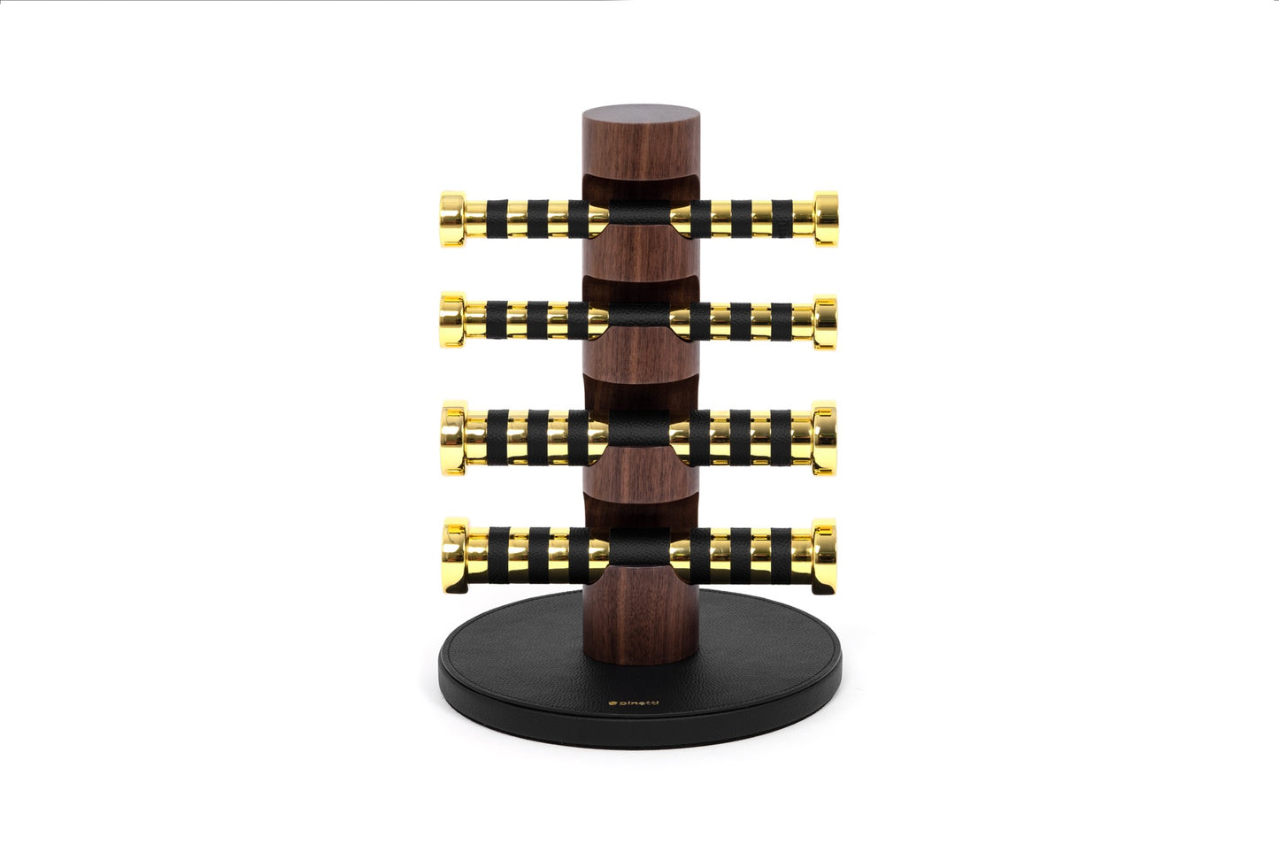Pinetti × Pinetti Studio Dumbbells Stand | Walnut & Leather Base: Iron dumbbells wrapped in leather with a walnut wood stand, refined metal finishes, elegant gym accessory | Wellness / Fitness Accessories | 2Jour Concierge, your luxury lifestyle shop | luxury interiors, refined fitness, home gym décor, wellness design, boutique hotels, yacht décor, office décor, hospitality décor