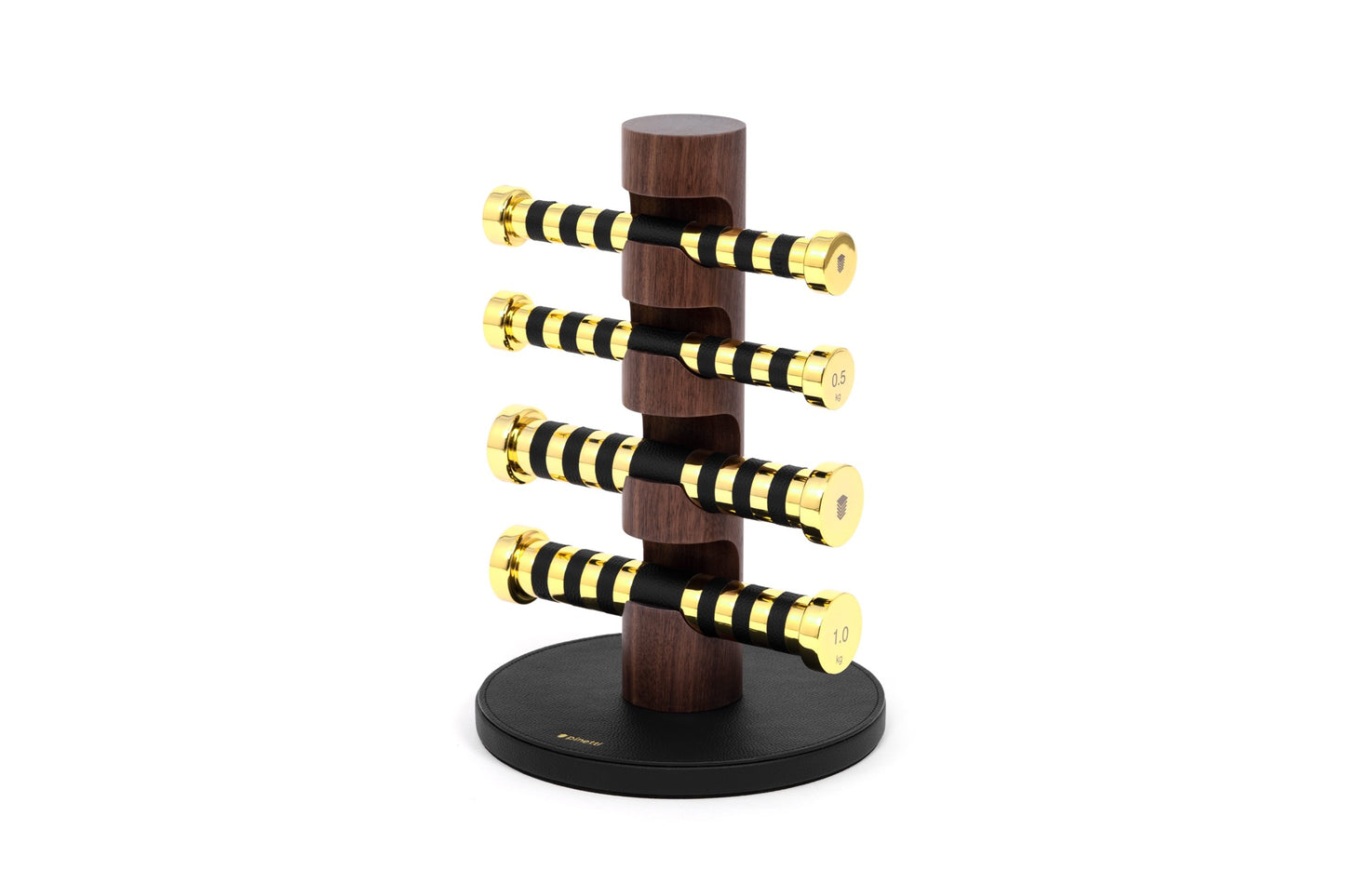 Pinetti × Pinetti Studio Dumbbells Stand | Walnut & Leather Base: Iron dumbbells wrapped in leather with a walnut wood stand, refined metal finishes, elegant gym accessory | Wellness / Fitness Accessories | 2Jour Concierge, your luxury lifestyle shop | luxury interiors, refined fitness, home gym décor, wellness design, boutique hotels, yacht décor, office décor, hospitality décor