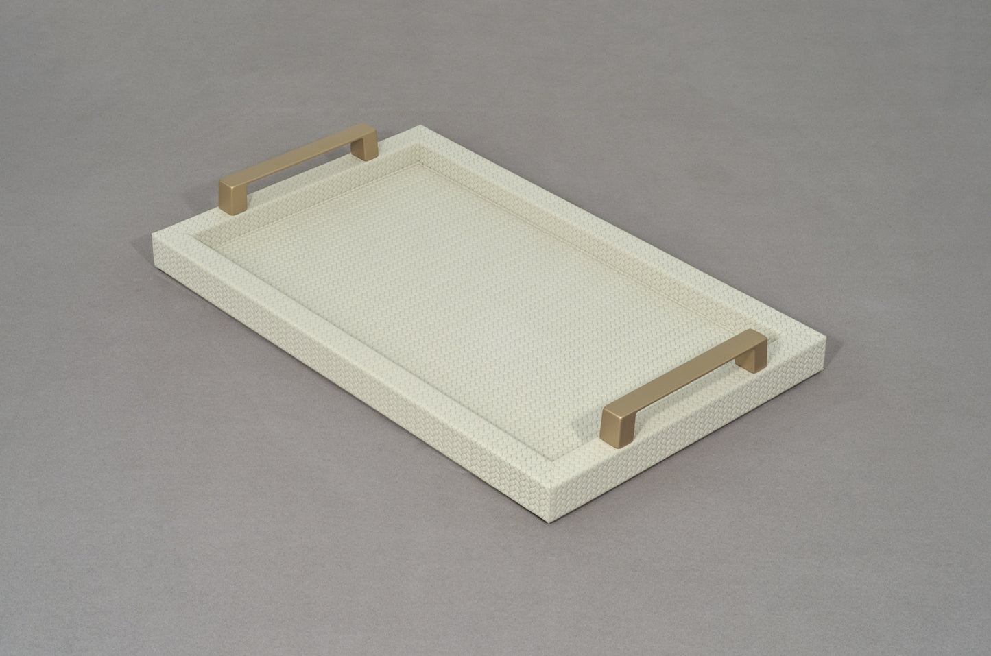Jupiter Leather-Covered Wood Tray Rectangular w Gold Metal Handles L