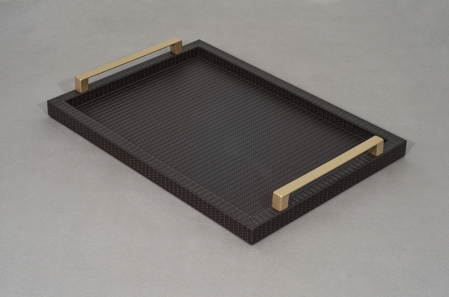 Jupiter Leather-Covered Wood Tray Rectangular w Gold Metal Handles L