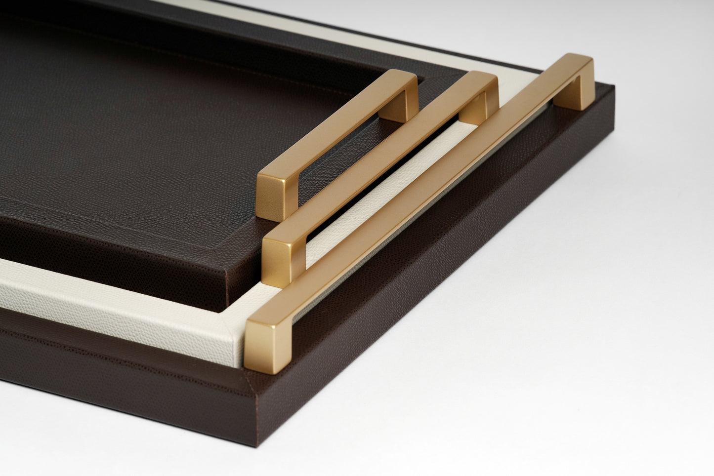 Jupiter Leather-Covered Wood Tray Rectangular w Gold Metal Handles L