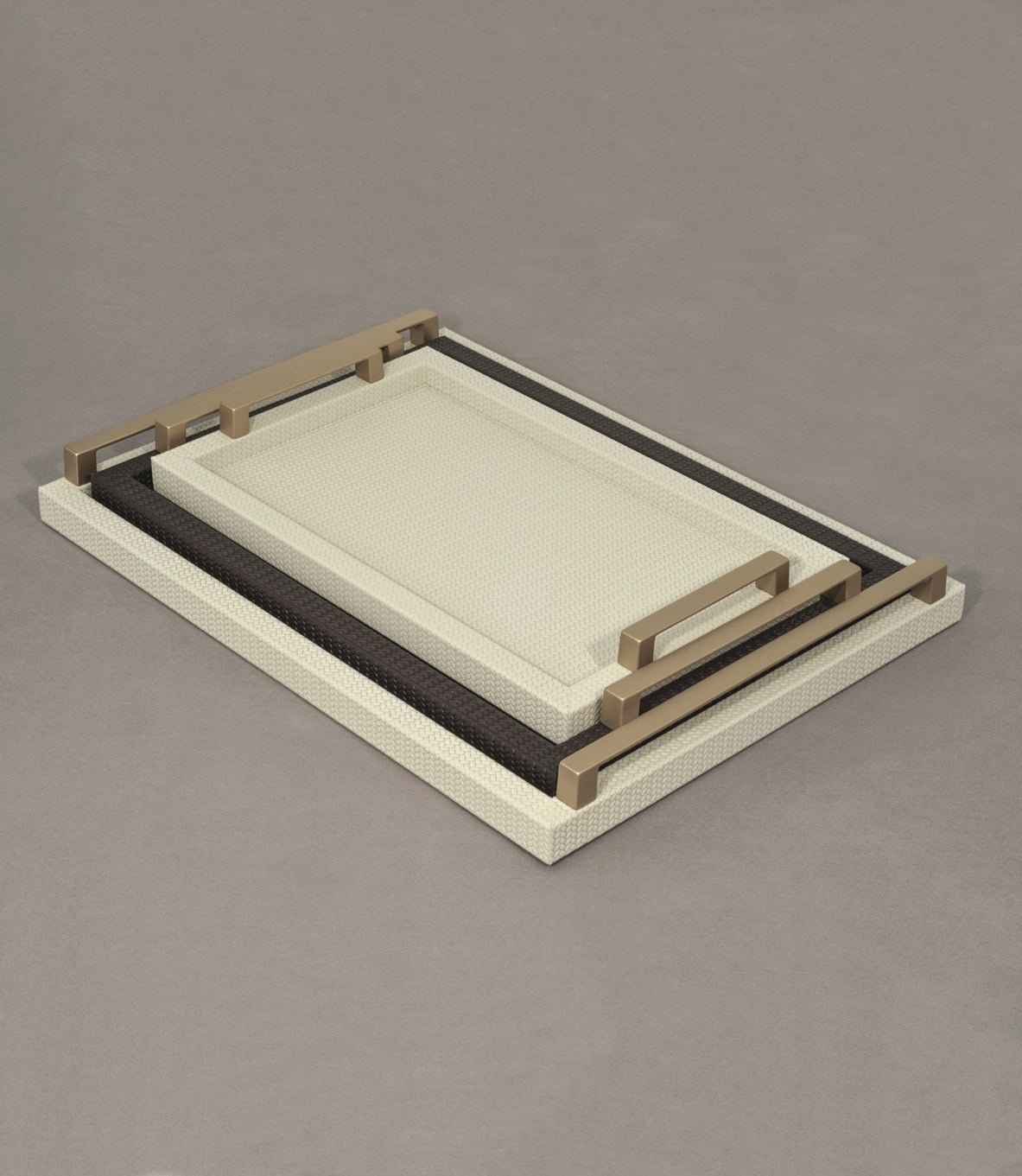 Jupiter Leather-Covered Wood Tray Rectangular w Gold Metal Handles L
