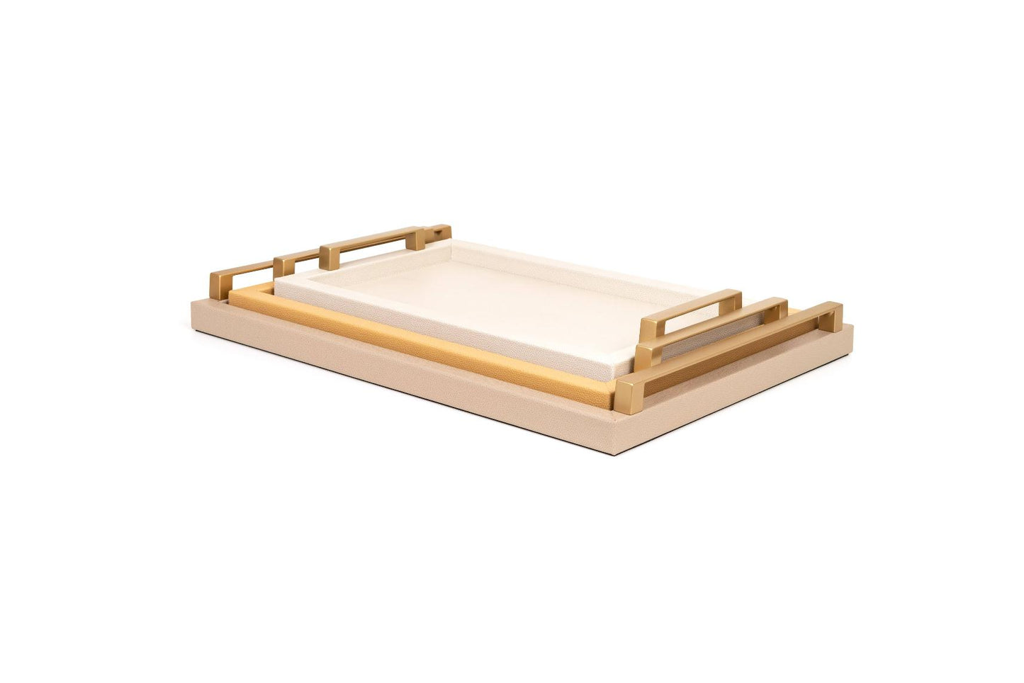 Jupiter Leather-Covered Wood Tray Rectangular w Gold Metal Handles L
