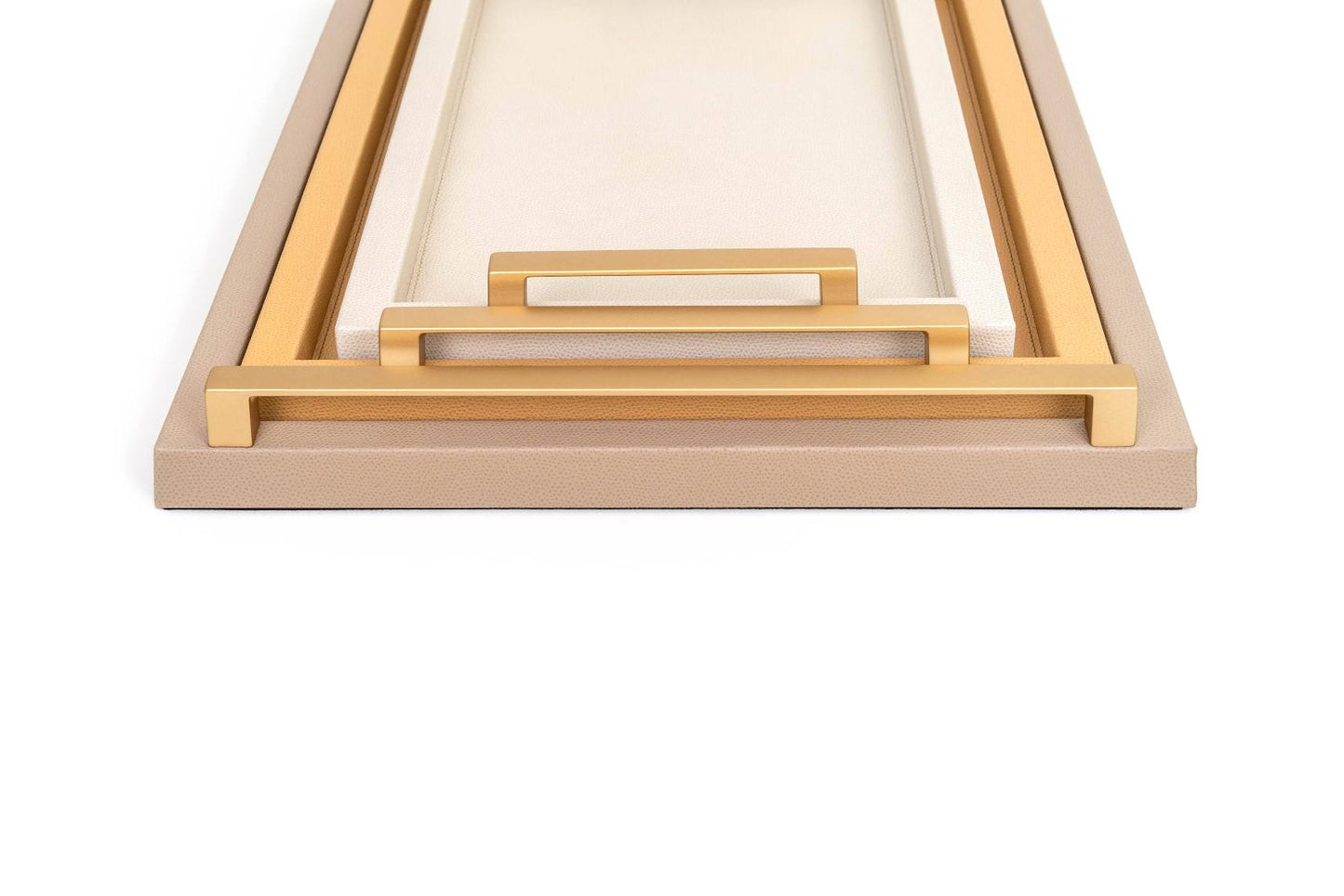 Jupiter Leather-Covered Wood Tray Rectangular w Gold Metal Handles L