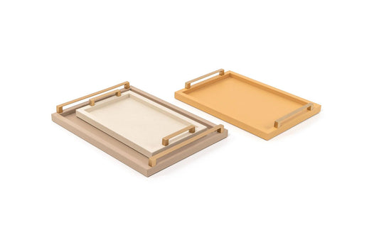 Jupiter Leather-Covered Wood Tray Square w Gold Metal Handles