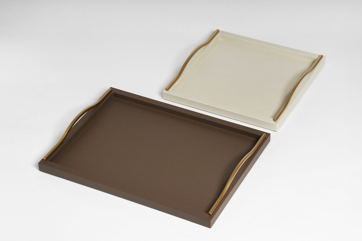 Pinetti Onda | Tray: Leather and wood with curved metal handles in chrome, burnished, or gold-toned finish and matte surface, available in square or rectangular formats, ideal for refined tabletop or lounge service | Tableware & Serveware / Trays | 2Jour Concierge, your luxury lifestyle shop