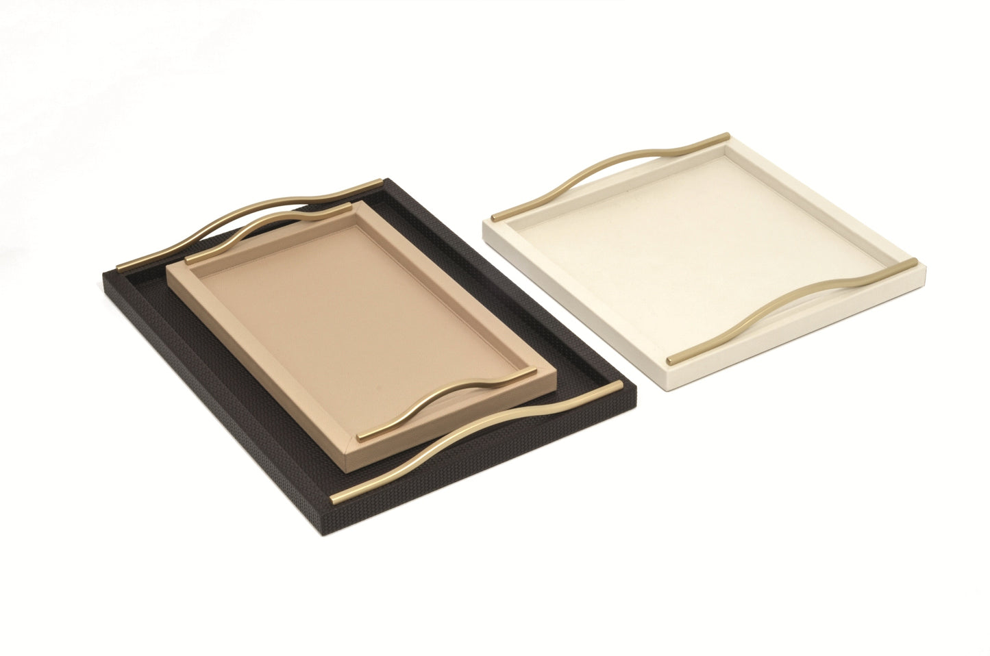 Pinetti Onda | Tray: Leather and wood with curved metal handles in chrome, burnished, or gold-toned finish and matte surface, available in square or rectangular formats, ideal for refined tabletop or lounge service | Tableware & Serveware / Trays | 2Jour Concierge, your luxury lifestyle shop