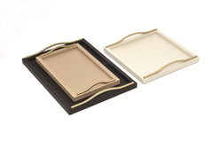 Onda Leather-Covered Wood Tray, Square with Curved Metal Handles