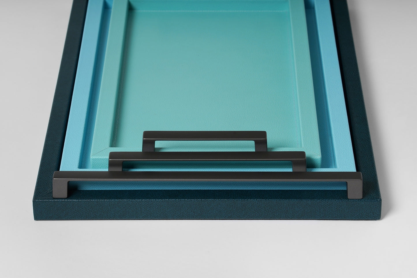 Jupiter Leather-Covered Wood Tray Rectangular w Burnished Metal Handles L