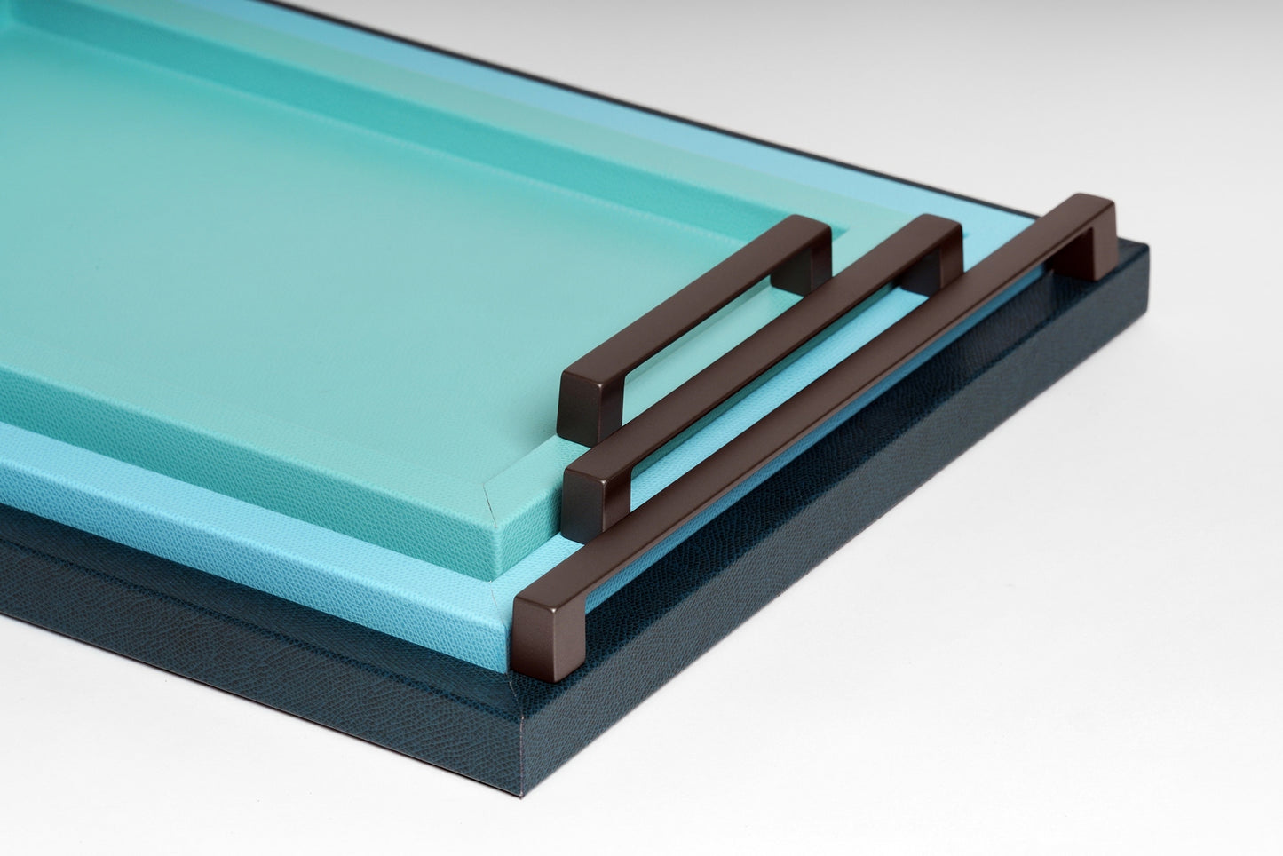 Jupiter Leather-Covered Wood Tray Rectangular w Burnished Metal Handles L