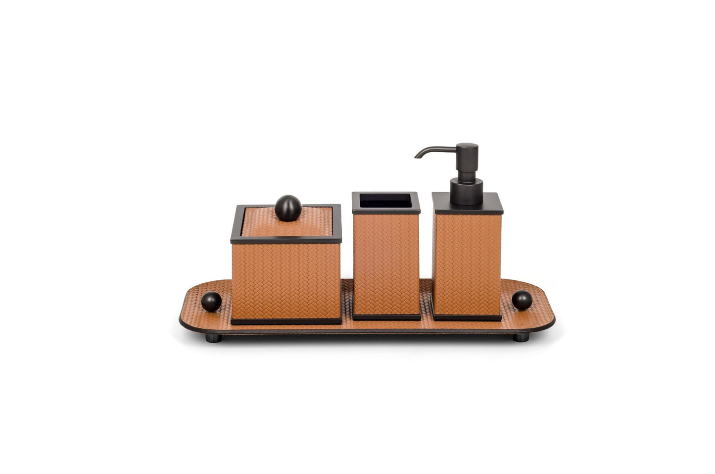 Olimpia Leather Covered Bathroom Set by Pinetti | Made in brass with shiny gold, burnished, or chromed finish | Consists of items available separately: soap dispenser, toothbrush holder, small box, large box | Home Decor Bathroom Accessories | 2Jour Concierge, your luxury lifestyle shop