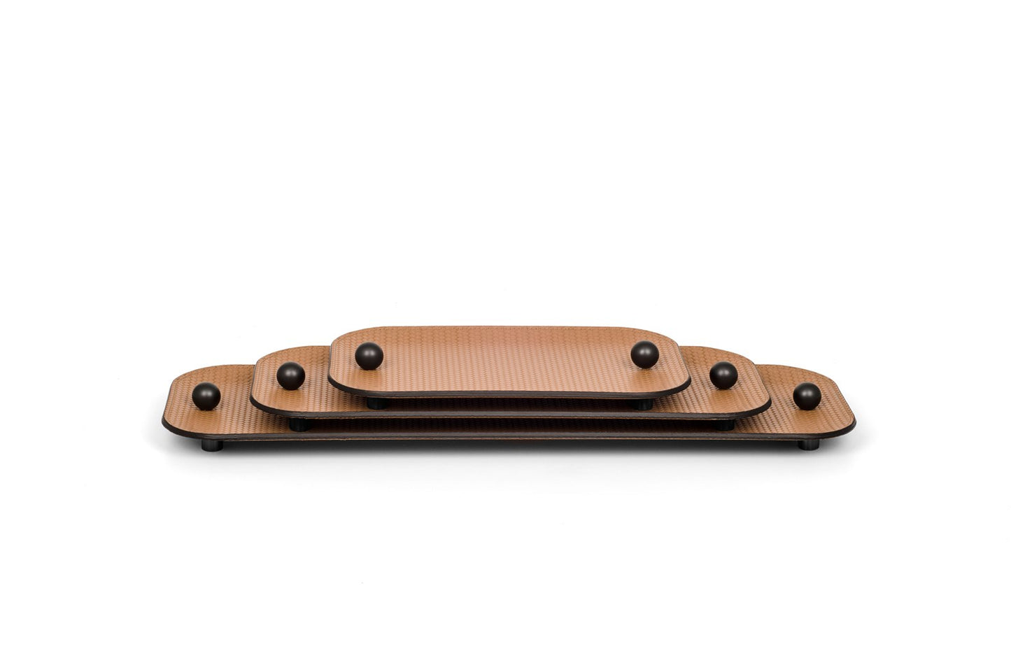 Olimpia Leather-Covered Metal Tray Rectangular by Pinetti | Leather tray with metal feet | Available with shiny gold, burnished, or chromed finish | Home Decor Serveware | 2Jour Concierge, your luxury lifestyle shop