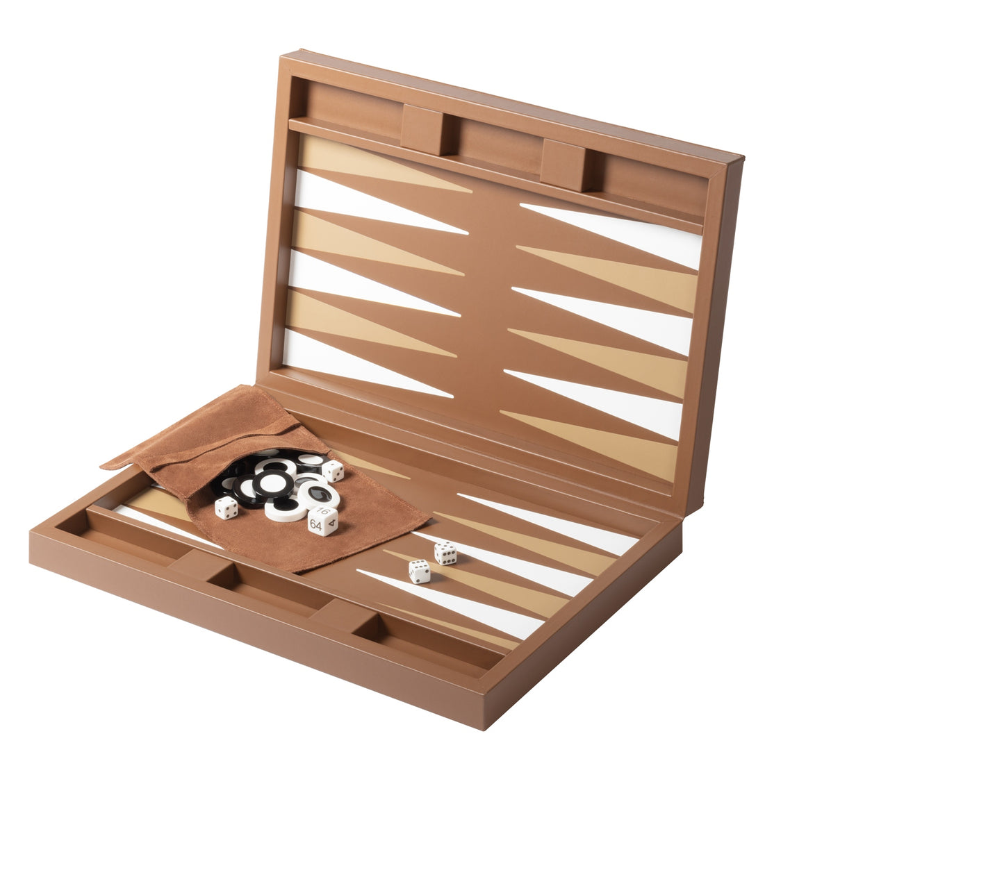 Riviere Eva Handwoven Backgammon Case | Leather-covered case with padded handwoven leather lid and inlaid leather playing field | Includes two sets of shiny plexiglass backgammon checkers, 4 dice, and a doubling cube | Comes with a fine suede bag for storing pieces | Elegant and timeless design | Home Decor and Games | 2Jour Concierge, your luxury lifestyle shop