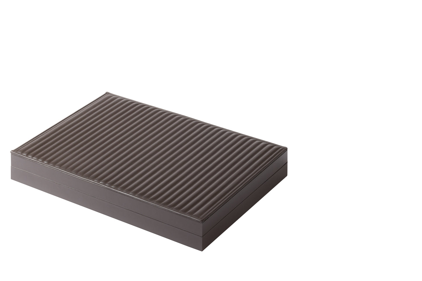 Riviere Eva Lines Backgammon Case | Leather-covered case with quilted lines padded leather lid and inlaid leather playing field | Includes two sets of shiny plexiglass backgammon checkers, 4 dice, and a doubling cube | Comes with a fine suede bag for storing pieces | Elegant and sophisticated design | Home Decor and Games | 2Jour Concierge, your luxury lifestyle shop