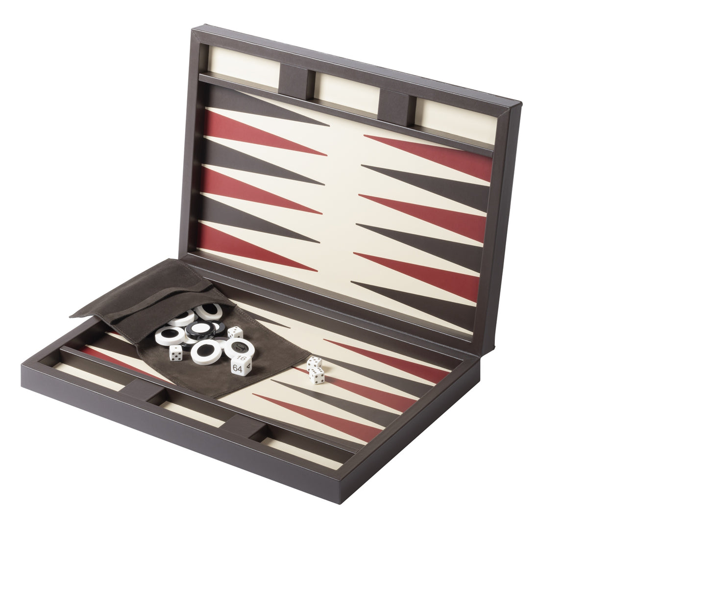 Riviere Eva Lines Backgammon Case | Leather-covered case with quilted lines padded leather lid and inlaid leather playing field | Includes two sets of shiny plexiglass backgammon checkers, 4 dice, and a doubling cube | Comes with a fine suede bag for storing pieces | Elegant and sophisticated design | Home Decor and Games | 2Jour Concierge, your luxury lifestyle shop