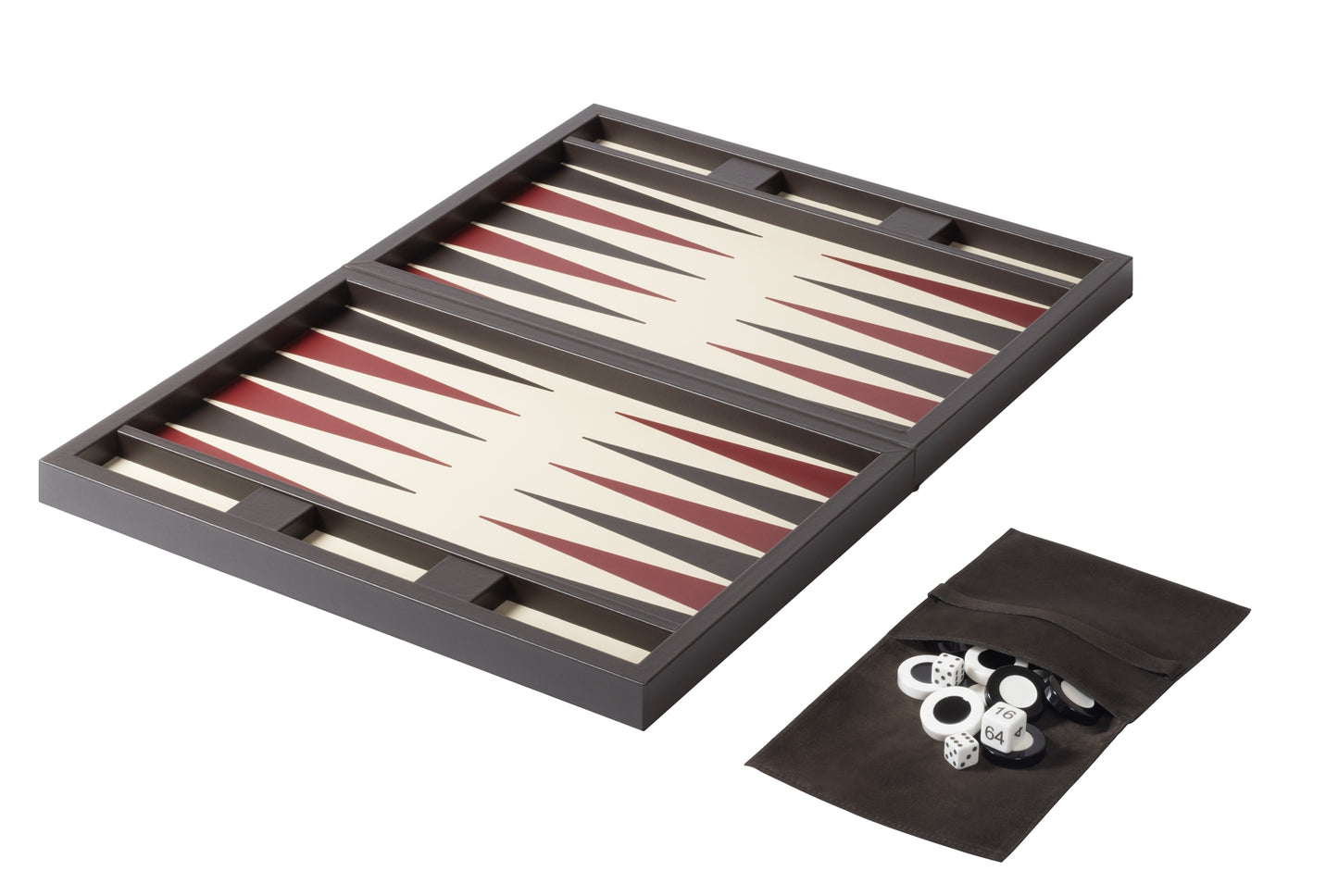 Riviere Eva Lines Backgammon Case | Leather-covered case with quilted lines padded leather lid and inlaid leather playing field | Includes two sets of shiny plexiglass backgammon checkers, 4 dice, and a doubling cube | Comes with a fine suede bag for storing pieces | Elegant and sophisticated design | Home Decor and Games | 2Jour Concierge, your luxury lifestyle shop