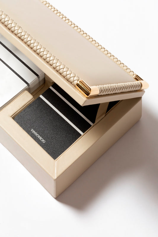 Riviere Thea Leather-Covered Playing Card Holder With Braided Trim | Stylish Design with Braided Leather Trim and Metal Details | Includes 2 Decks of High-Quality Playing Cards | Explore a Range of Luxury Playing Card Holders at 2Jour Concierge, #1 luxury high-end gift & lifestyle shop