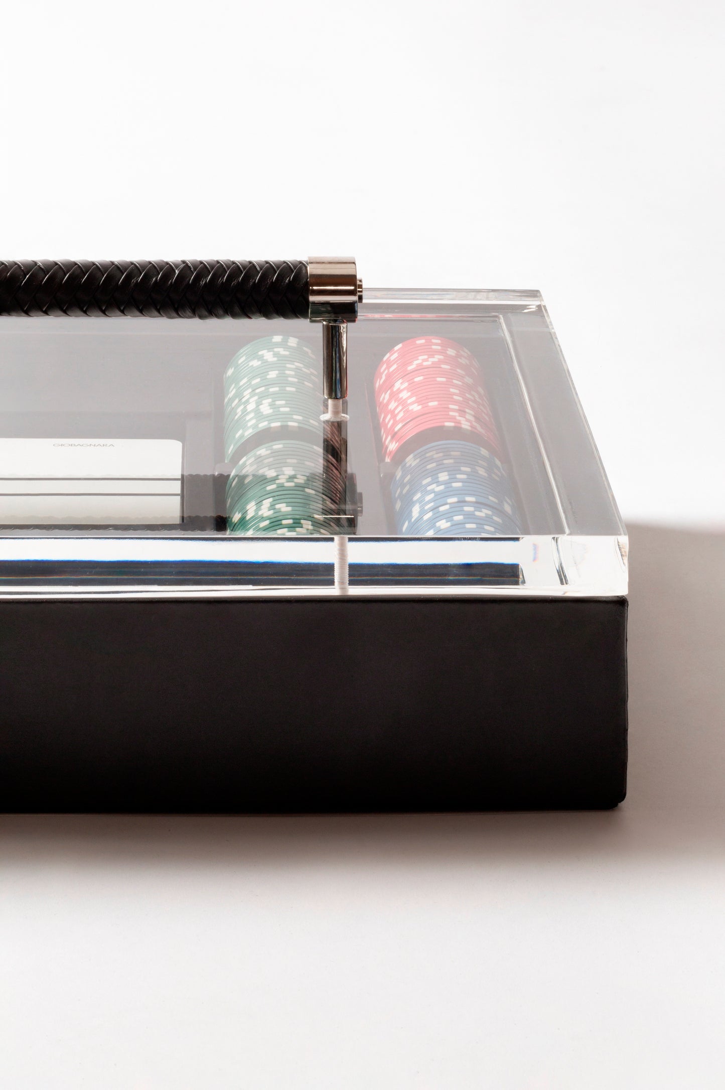 Riviere Diana Leather-Covered Poker Game Set | Stylish Design with Acrylic Lid and Woven Leather Handle | Includes Deck of High-Quality Playing Cards and Ceramic Poker Chips | Explore a Range of Luxury Poker Game Sets at 2Jour Concierge, #1 luxury high-end gift & lifestyle shop