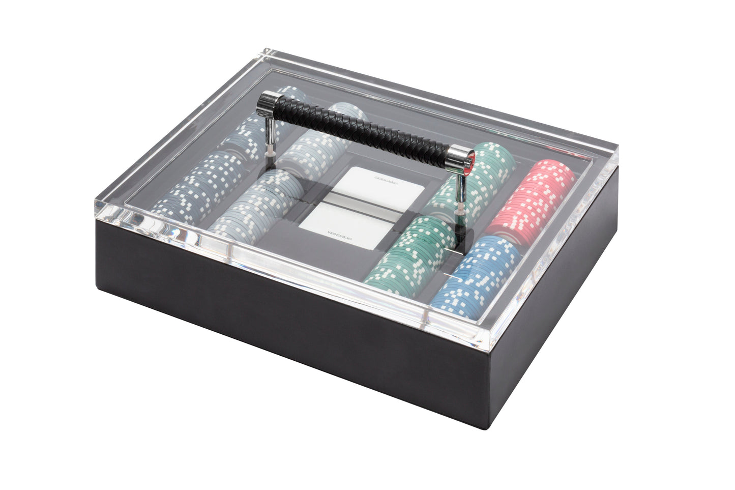 Riviere Diana Leather-Covered Poker Game Set | Stylish Design with Acrylic Lid and Woven Leather Handle | Includes Deck of High-Quality Playing Cards and Ceramic Poker Chips | Explore a Range of Luxury Poker Game Sets at 2Jour Concierge, #1 luxury high-end gift & lifestyle shop
