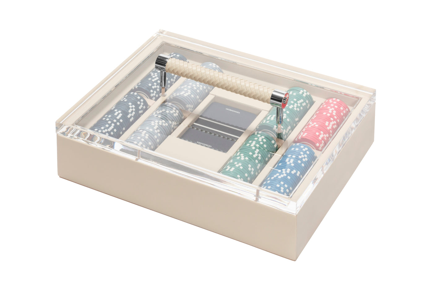 Riviere Diana Leather-Covered Poker Game Set | Stylish Design with Acrylic Lid and Woven Leather Handle | Includes Deck of High-Quality Playing Cards and Ceramic Poker Chips | Explore a Range of Luxury Poker Game Sets at 2Jour Concierge, #1 luxury high-end gift & lifestyle shop