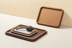 x Poltrona Frau Rectangular Rounded Leather-Covered Tray with Walnut Wood Frame