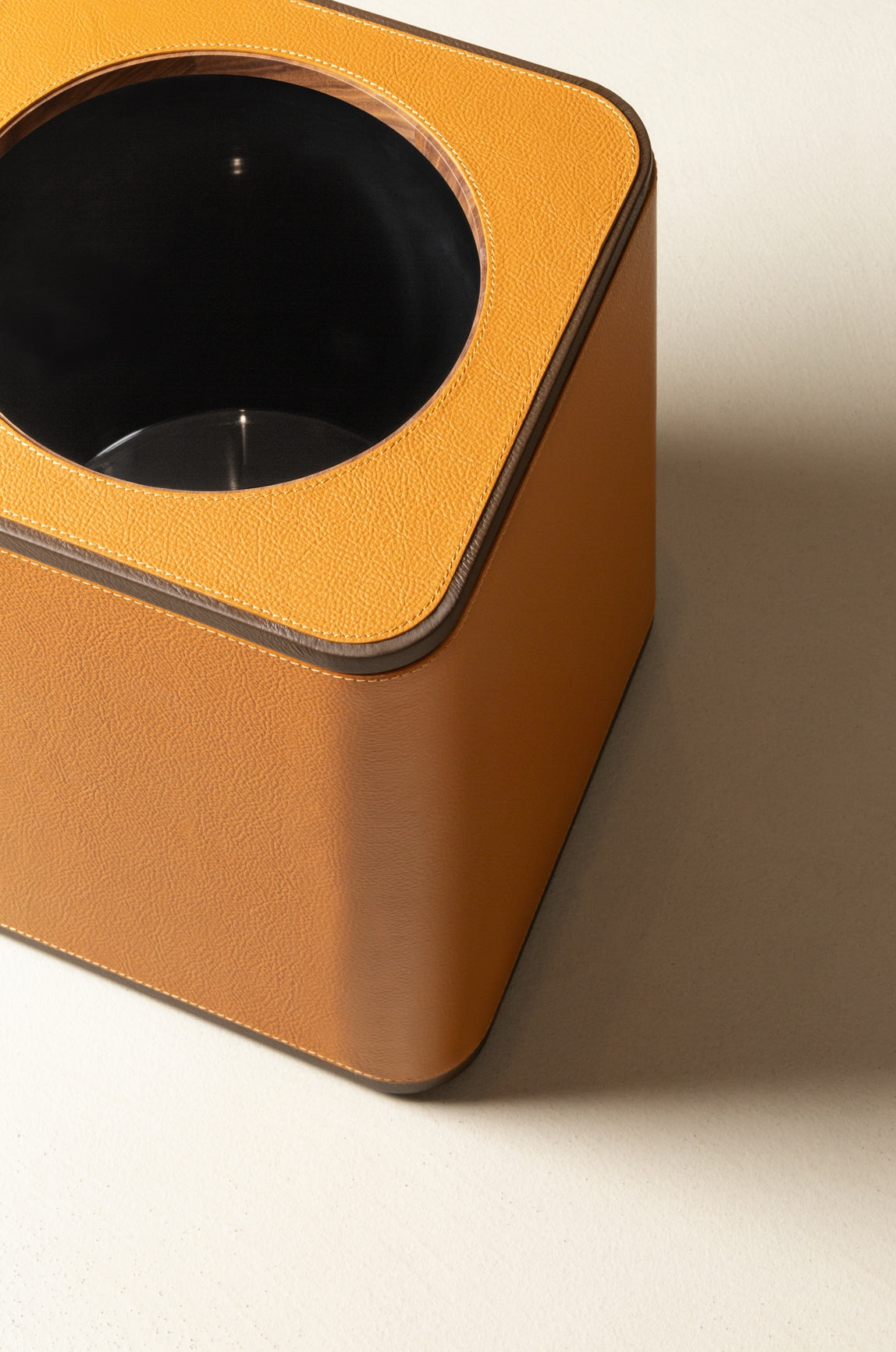 Giobagnara x Poltrona Frau Wastepaper Bin | Leather-Covered Wood Structure | Inner Black Plastic Container | Removable Leather-Covered Wooden Lid | Made in Pelle Frau® Leather | Find Elegant Office Accessories at 2Jour Concierge, #1 luxury high-end gift & lifestyle shop