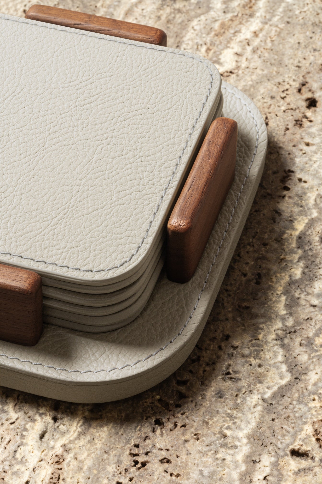 Giobagnara x Poltrona Frau Coaster Holder With 6 Coasters | All-Leather Coasters | Leather-Covered Coaster Holder with Walnut Wood Inserts | Stylish and Elegant Home Accessories | Explore a Range of Luxury Home Decor at 2Jour Concierge, #1 luxury high-end gift & lifestyle shop