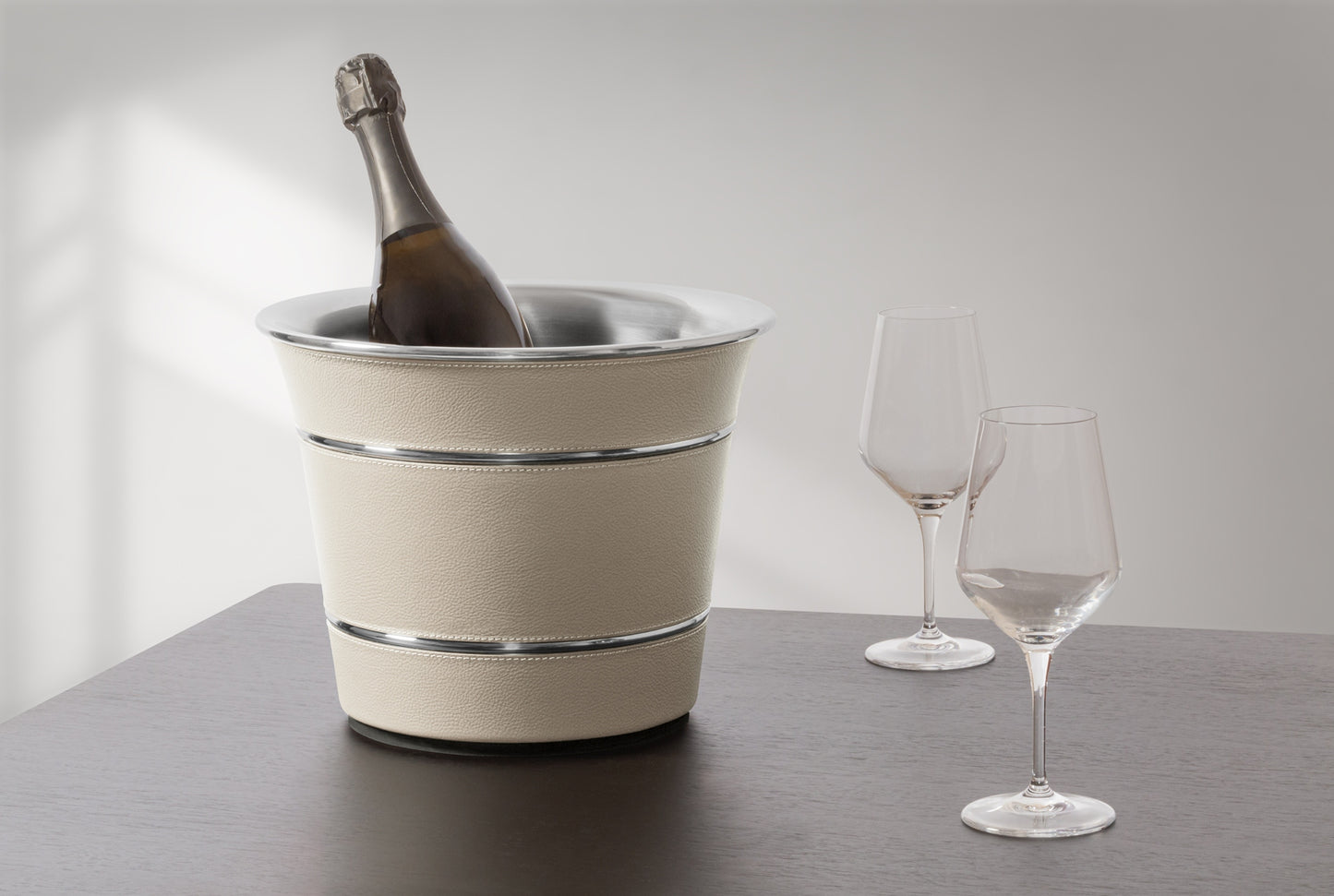 Giobagnara x Poltrona Frau Leather Champagne Bucket | Insulated Double-Chamber Polished Steel Structure | Elegant Leather Detailing | Sturdy and Stylish Design | Made in Pelle Frau® Leather | Elevate Your Champagne Experience at 2Jour Concierge, #1 luxury high-end gift & lifestyle shop